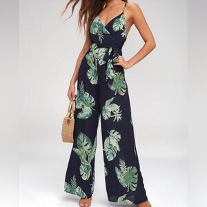 LULUS Give Me A Tropical Navy Blue Tropical Print Backless Jumpsuit, Size S
